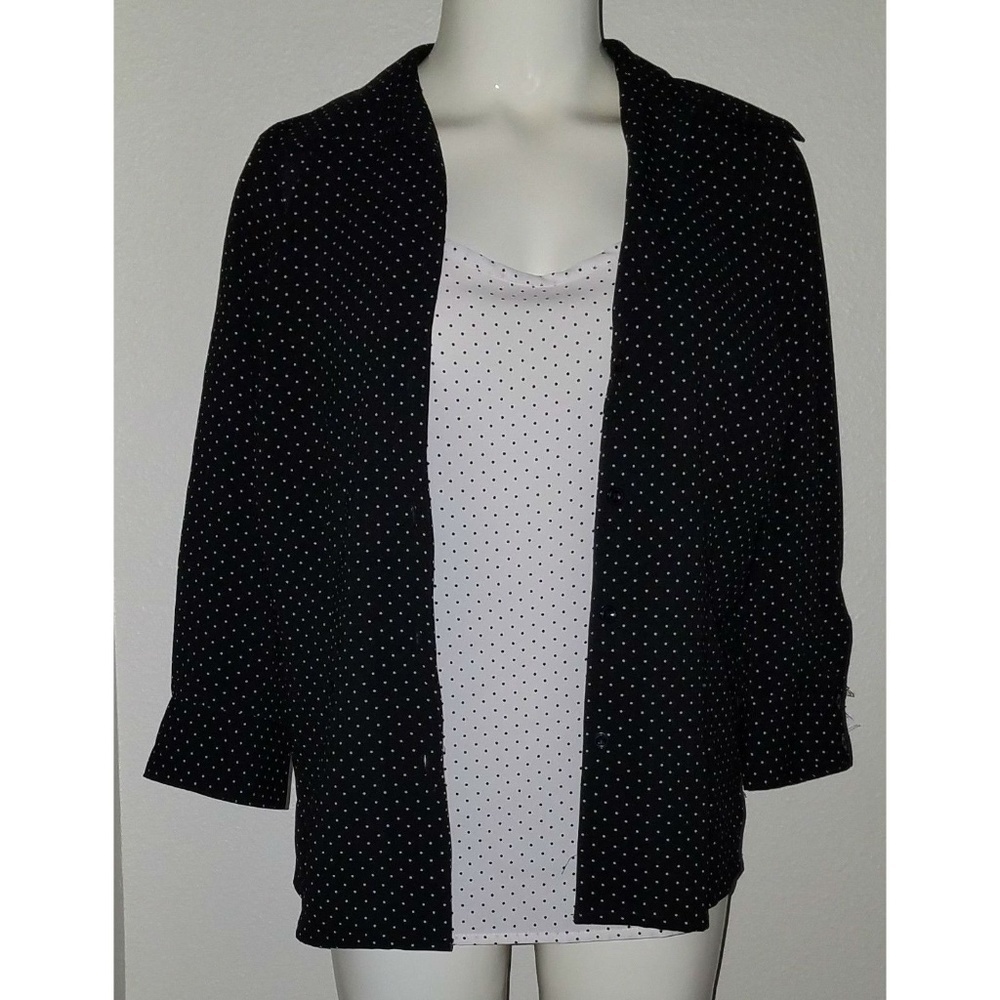 NWT Notations Black White Polka Dot Blouse Shirt Attached Tank Sz Small 3/4 Slv